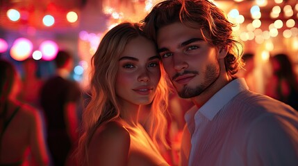 Man and woman posing for a picture at a lively party, social moments, celebration, and stylish vibe, 3D render.