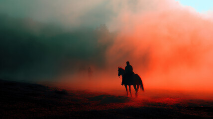 Fototapeta premium Rider on Horse Moving Through Orange Smoke — a detailed and modern 3D-style concept ideal for tech visuals, infographics, marketing materials, and futuristic digital presentations.