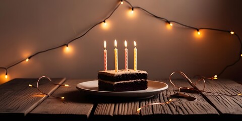 A cozy birthday setup with a rustic wooden table, a small cake with lit candles, and fairy lights twinkling in the background, leaving room for personalization or additional elements.2