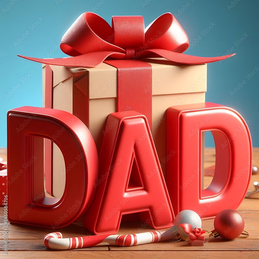 Fototapete 3d red letters that say dad on a rustic wooden table and a packed gift behind it with isolated sky b