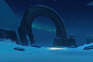 A vast, icy landscape at night, featuring a massive, arching stone structure