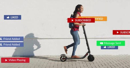 Female commuter riding electric scooter on urban sidewalk, showing social media marketing icons - Powered by Adobe