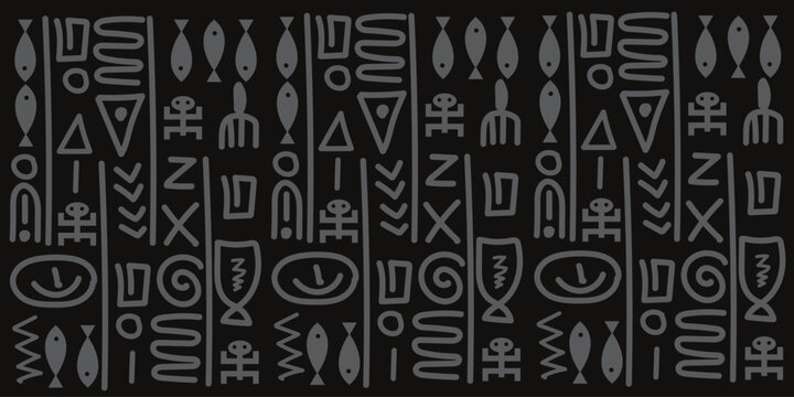 Dark Africa pattern vector illustration banner with tribal symbols on black background. Hand-drawn ethnic elements, perfect for African heritage, celebration, or culture themes.