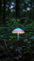 Fototapeta premium Rainbow mushroom glows, forest floor, bokeh background.