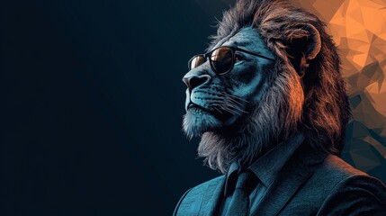 Lion head wearing spectacles and a business suit, looking to the left in profile, on a transparent background, PNG image, PNG file.