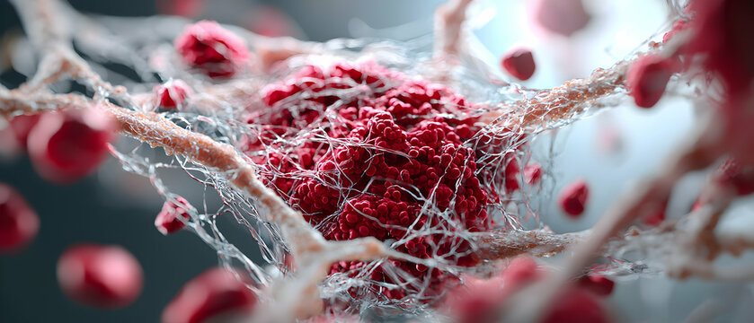 A detailed 3D rendering of a blood clot. Useful for medical education scientific illustrations or presentations regarding thrombosis and hemostasis.