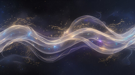 Obraz premium The scene is a mesmerizing space with cosmic dance, wispy particles, light waves, and hints of blues, purples, and golden light, set against a deep black background.