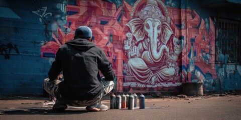 Urban  creating colorful street art.