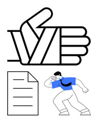 Large thumbs-up hand, paper document, and person celebrating in blue shirt. Represents approval, achievement, and positive feedback. Ideal for success, motivation, teamwork validation inspiration