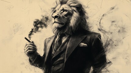 Lion head in pinstripe suit holding smoking cigar, sophisticated animal portrayal with detailed charcoal line work effect, on a transparent background, PNG image, PNG file.