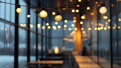 Fototapeta premium Warm, inviting indoor space with string lights. Cozy ambiance by the large windows