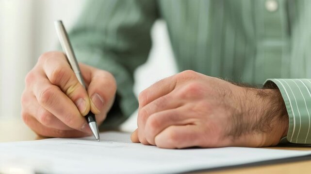 書類に署名する男性の手元とペンのクローズアップ