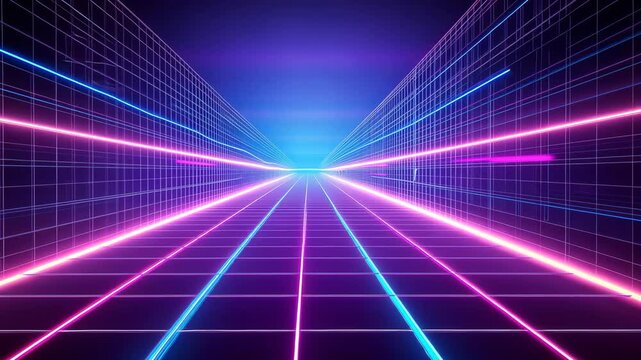 Futuristic neon tunnel with glowing grid lines and dynamic perspective shift