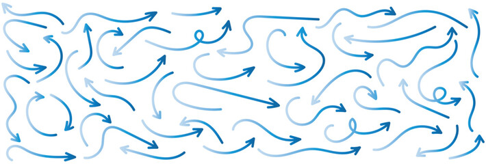 A set of simple lines, drawn blue arrows in various style. Set of simple of hand-drawn blue arrows. Set of simple lines, drawn blue gradient arrows. Various of simple lines arrows illustration.