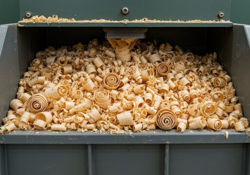Wooden shavings cascade into a container, a mesmerizing display of swirling textures and light beige hues. A close-up view of craftsmanships byproduct.