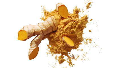 Obraz premium Fresh, dried and powdered turmeric root which is known for its medicinal properties and its use in ayurvedic and herbal medicines in india for centuries. It's also known for anti- cancer properties