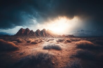 Naklejka premium Dramatic desert sunrise. Vast landscape of arid terrain, rocky peaks, and low brush under a dramatic sky. A burst of sunlight piercing through dark clouds