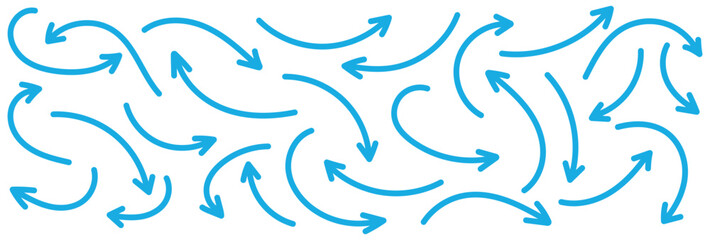 Hand drawn thin line arrows set. Arrow icon. Doodle arrow. Collection different arrows sign. Many vector curvy and wavy arrows. Blue hand drawn doodle arrow set .
