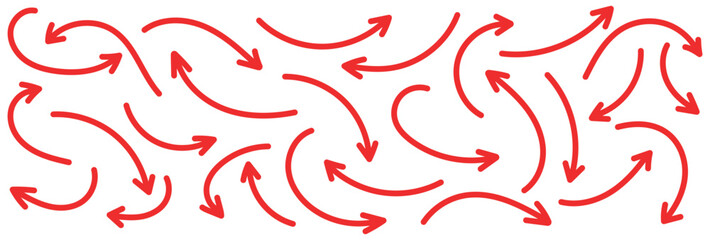 Arrow vector red hand drawn sketch icon set. Doodle sketch drawn red direction element set. Pencil doodle line graphic design elements. Handwritten direction arrow background. Vector illustration.