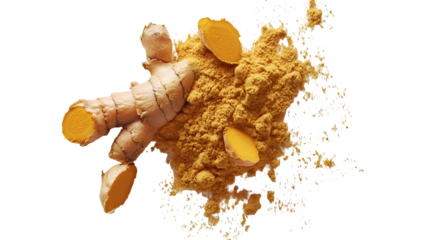 Fresh, dried and powdered turmeric root which is known for its medicinal properties and its use in ayurvedic and herbal medicines in india for centuries. It's also known for anti- cancer properties