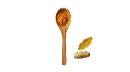 Turmeric powder and turmeric root  on wood ,turmeric is herb.