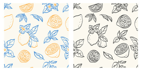 Hand drawn vintage seamless pattern with lemons and flowers. Sketch citrus tropical fruits. Summer design background. Vector.