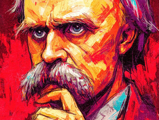 A paint portrait of philosopher Friedrich Nietzsche in a thoughtful pose