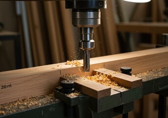 Precision Woodworking A close-up view of a machine carving intricate details into light wood, creating fine sawdust.