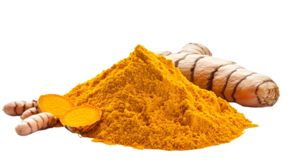 Dried turmeric roots with turmeric powder pile isolated on a white background
