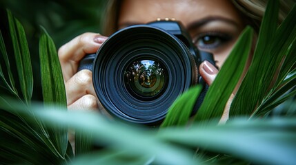 Photographer with DSLR amidst green foliage