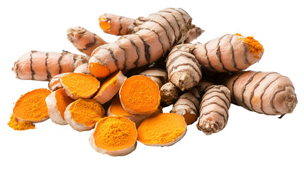 Turmeric powder flying, isolated on white background, clipping path