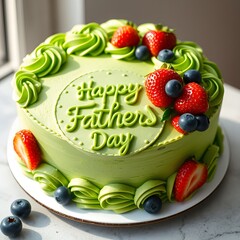 fathers day green icing cake design with strawberries and blue berries