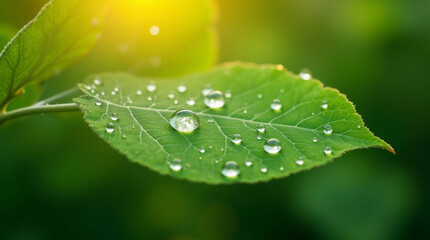 Fototapeta premium Close-up of a green leaf with dew drops under morning light, symbolizing sustainability, nature macro shot, hyper-detailed, natural background, microphotography