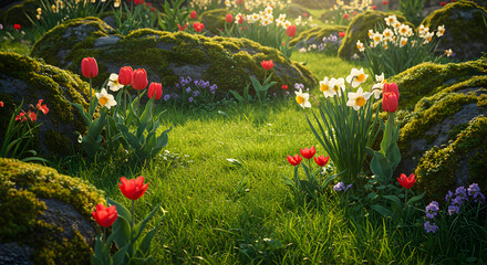 Scenic Spring Meadow With Red Tulips And Yellow Daffodils In Sunlight