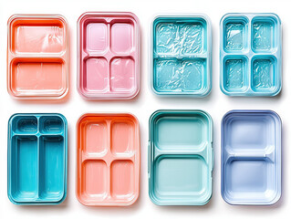 An illustration of various plastic food trays used for serving meals, emphasizing convenience