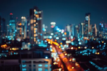 Night city lights, blurred cityscape, urban landscape.  Bokeh effect highlights buildings and street lights. High-rise structures in the distance