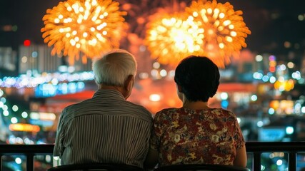 Mature couple watching fireworks display at night