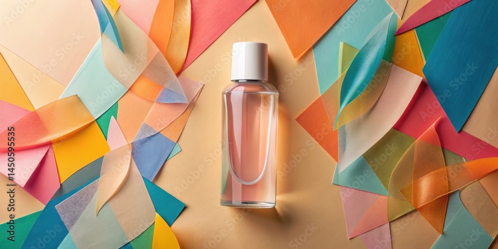 Poster a glass bottle of perfume with a white cap sits in the center of a flat lay composition featuring a 