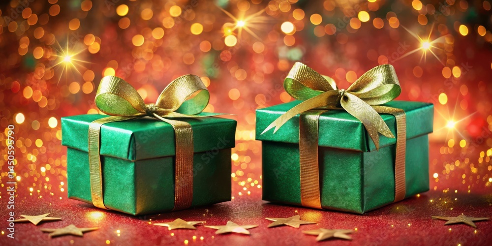 Poster Two Emerald Green Gift Boxes Adorned with Golden Ribbons Resting on a Festive Red Surface with a Sparkling Bokeh Background