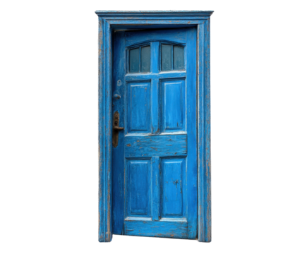 Exploring a vintage blue door urban architectural detail daylight perspective isolated on transparent background