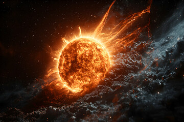 Obraz premium A fiery sun erupts in space. Its energy dances with nebulae. Ideal for science fiction and space art projects or as a dramatic background.