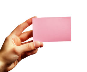 Hand holding blank pink card minimalistic style isolated on transparent background