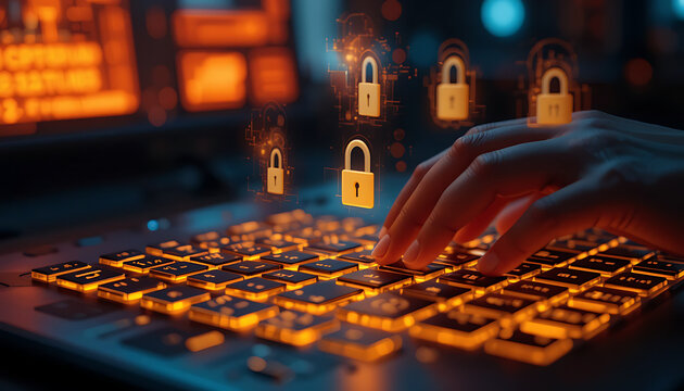 A symbolic a hand typing a strong password on a glowing keyboard world password day - Powered by Adobe