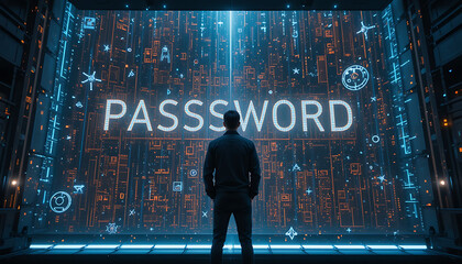 A person standing in front of a giant holographic password wall with symbols and codes flying around binary code background