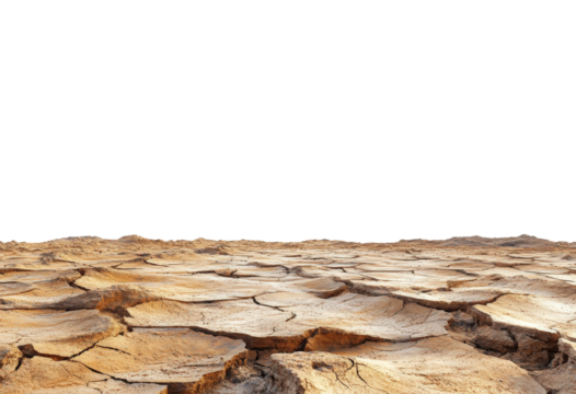 Drought impact on dry landscape arid region natural environment wide angle isolated on transparent background