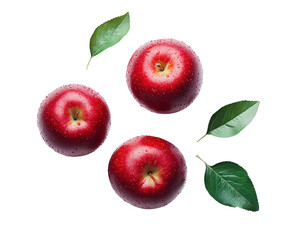 Fresh red apples with green leaves isolated on transparent background