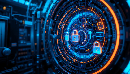 A digital vault glowing with layers of security icons fingerprints keys padlocks and passwords binary code background
