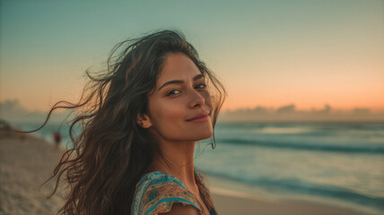 Sunset Portrait of Woman with Flowing Hair — a detailed and modern 3D-style concept ideal for tech visuals, infographics, marketing materials, and futuristic digital presentations.