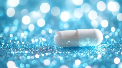 Sleek white capsule on minimalist blue background symbolizing pharmaceutical innovation for weight management, modern healthcare and medical treatment concept.