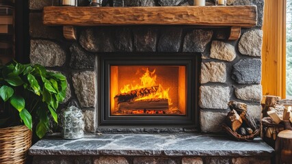Cozy fireplace with burning logs and rustic decor